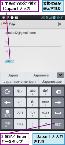 1 半角英字の文字種で「Japan」と入力,2 確定／ Enterキーをタップ,「Japan」と入力される  ,変換候補が表示された