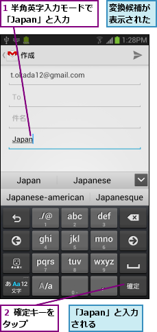1 半角英字入力モードで「Japan」と入力  ,「Japan」と入力される  ,変換候補が表示された,２ 確定キーをタップ   