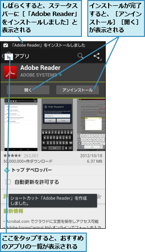 ここをタップすると、おすすめのアプリの一覧が表示される,しばらくすると、ステータス バーに［「Adobe Reader」をインストールしました］と 表示される  ,インストールが完了すると、［アンインストール］［開く］が表示される