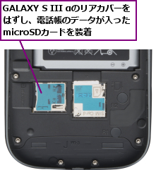 GALAXY S III αのリアカバーをはずし、電話帳のデータが入った   microSDカードを装着