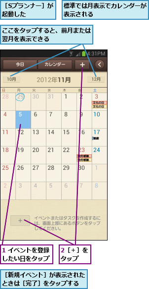 1 イベントを登録したい日をタップ,2［＋］をタップ  ,ここをタップすると、前月または翌月を表示できる      ,標準では月表示でカレンダーが表示される        ,［Sプランナー］が起動した    ,［新規イベント］が表示されたときは［完了］をタップする