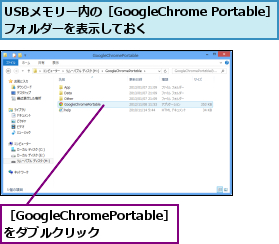 USBメモリー内の［GoogleChrome Portable］ フォルダーを表示しておく          ,［GoogleChromePortable］をダブルクリック