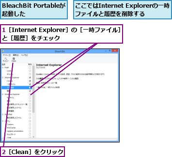 1［Internet Explorer］の［一時ファイル］と［履歴］をチェック  ,2［Clean］をクリック,BleachBit Portableが起動した  ,ここではInternet Explorerの一時ファイルと履歴を削除する