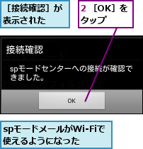 2 ［OK］をタップ  ,spモードメールがWi-Fiで使えるようになった  ,［接続確認］が表示された  