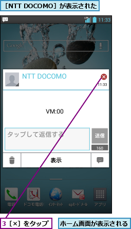 3［×］をタップ,ホーム画面が表示される,［NTT DOCOMO］が表示された