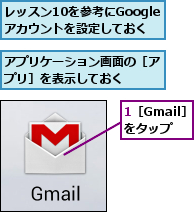 1［Gmail］をタップ,アプリケーション画面の［アプリ］を表示しておく   ,レッスン10を参考にGoogleアカウントを設定しておく