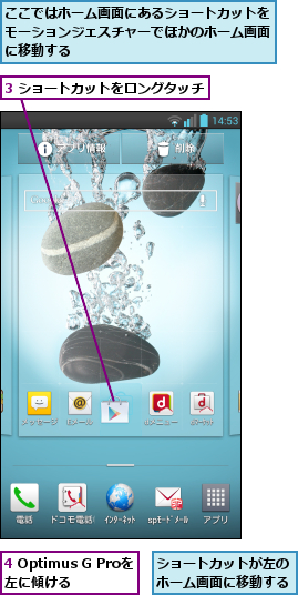 3 ショートカットをロングタッチ   ,4 Optimus G Proを左に傾ける  ,ここではホーム画面にあるショートカットをモーションジェスチャーでほかのホーム画面に移動する,ショートカットが左のホーム画面に移動する