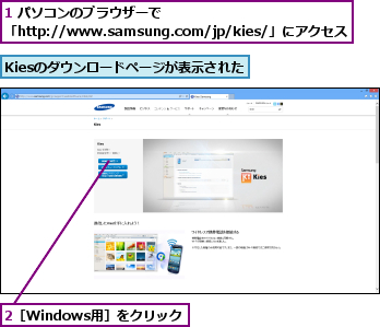 1 パソコンのブラウザーで                 「http://www.samsung.com/jp/kies/」にアクセス       ,2［Windows用］をクリック,Kiesのダウンロードページが表示された