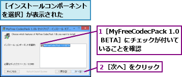 1［MyFreeCodecPack 1.0 BETA］にチェックが付いて いることを確認,２［次へ］をクリック,［インストールコンポーネントを選択］が表示された   
