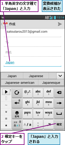 1 半角英字の文字種で「Japan」と入力,2 確定キーをタップ   ,「Japan」と入力される  ,変換候補が表示された