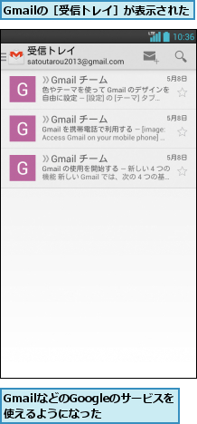 GmailなどのGoogleのサービスを使えるようになった,Gmailの［受信トレイ］が表示された   