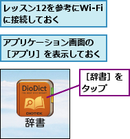アプリケーション画面の ［アプリ］を表示しておく,レッスン12を参考にWi-Fiに接続しておく   ,［辞書］をタップ  