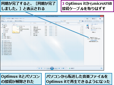 3 Optimus itからmicroUSB接続ケーブルを取りはずす,Optimus itとパソコンの接続が解除された,パソコンから転送した音楽ファイルを Optimus itで再生できるようになった,同期が完了すると、［同期が完了しました。］と表示される  