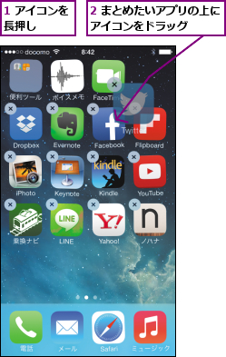 1 アイコンを長押し    ,2 まとめたいアプリの上にアイコンをドラッグ    