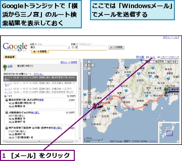 1 ［メール］をクリック,Googleトランジットで「横浜から三ノ宮」のルート検索結果を表示しておく,ここでは「Windowsメール」でメールを送信する