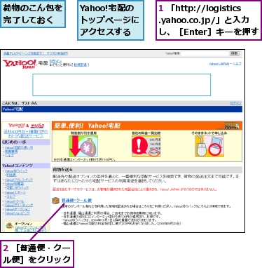 1 「http://logistics.yahoo.co.jp/」と入力し、［Enter］キーを押す,2 ［普通便・クール便］をクリック,Yahoo!宅配のトップページにアクセスする,荷物のこん包を完了しておく