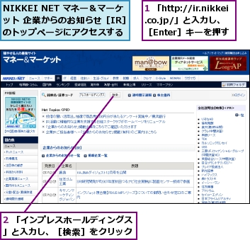 1 「http://ir.nikkei.co.jp/」と入力し、［Enter］キーを押す,2 「インプレスホールディングス」と入力し、［検索］をクリック,NIKKEI NET マネー＆マーケット 企業からのお知らせ［IR］のトップページにアクセスする