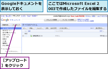 Googleドキュメントを表示しておく,ここではMicrosoft Excel 2003で作成したファイルを編集する,［アップロード］をクリック