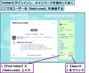 1［Find folks!］に「dekirunet」と入力,2［Search］をクリック,Twitterにサインインし、メインページを表示しておく,ここではユーザー名「dekirunet」を検索する