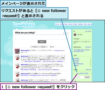 1［○ new follower request!］をクリック,メインページが表示された,リクエストがあると［○ new follower request!］と表示される