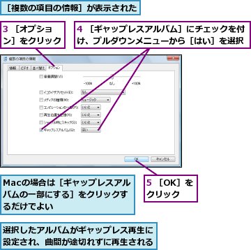 3 ［オプション］をクリック,4 ［ギャップレスアルバム］にチェックを付け、プルダウンメニューから［はい］を選択,5 ［OK］をクリック,Macの場合は［ギャップレスアルバムの一部にする］をクリックするだけでよい,選択したアルバムがギャップレス再生に設定され、曲間が途切れずに再生される,［複数の項目の情報］が表示された