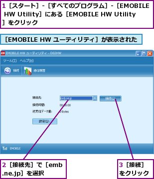 1［スタート］-［すべてのプログラム］-［EMOBILE HW Utility］にある［EMOBILE HW Utility］をクリック,2［接続先］で［emb.ne.jp］を選択,3［接続］をクリック,［EMOBILE HW ユーティリティ］が表示された
