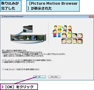 3［OK］をクリック,取り込みが完了した,［Picture Motion Browser］が表示された