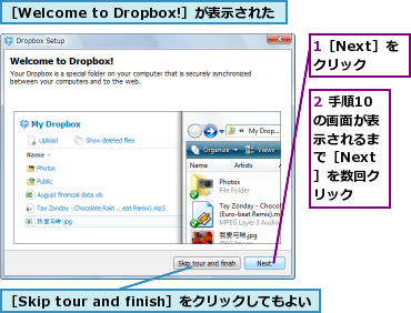 1［Next］をクリック,2 手順10の画面が表示されるまで［Next］を数回クリック,［Skip tour and finish］をクリックしてもよい,［Welcome to Dropbox!］が表示された