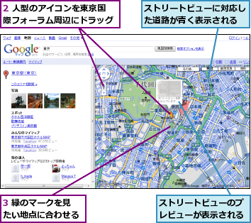 2 人型のアイコンを東京国際フォーラム周辺にドラッグ,3 緑のマークを見たい地点に合わせる,ストリートビューに対応した道路が青く表示される,ストリートビューのプレビューが表示される