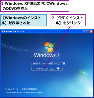 1 Windows XP環境のPCにWindows 7のDVDを挿入,2［今すぐインストール］をクリック,［Windowsのインストール］が表示された