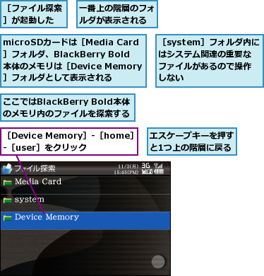microSDカードは［Media Card］フォルダ、BlackBerry Bold本体のメモリは［Device Memory］フォルダとして表示される,ここではBlackBerry Bold本体のメモリ内のファイルを探索する,エスケープキーを押すと1つ上の階層に戻る,一番上の階層のフォルダが表示される,［Device Memory］‐［home］‐［user］をクリック,［system］フォルダ内にはシステム関連の重要なファイルがあるので操作しない,［ファイル探索］が起動した