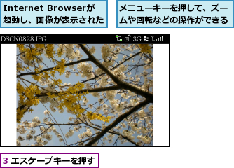 3 エスケープキーを押す,Internet Browserが起動し、画像が表示された,メニューキーを押して、ズームや回転などの操作ができる