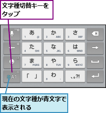 文字種切替キーをタップ     ,現在の文字種が青文字で表示される     