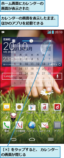 カレンダーの画面を表示したまま、ほかのアプリを起動できる    ,ホーム画面にカレンダーの画面が表示された   ,［×］をタップすると、 カレンダーの画面が閉じる         