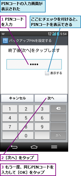 1 PINコードを入力  ,2［次へ］をタップ,3 もう一度、同じPINコードを入力して［OK］をタップ  ,PINコードの入力画面が表示された     ,ここにチェックを付けると、PINコードを表示できる
