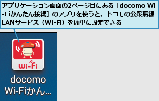 アプリケーション画面の2ページ目にある［docomo Wi-Fiかんたん接続］のアプリを使うと、ドコモの公衆無線LANサービス（Wi-Fi）を簡単に設定できる