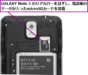 GALAXY Note 3 のリアカバーをはずし、電話帳のデータが入ったmicroSDカードを装着