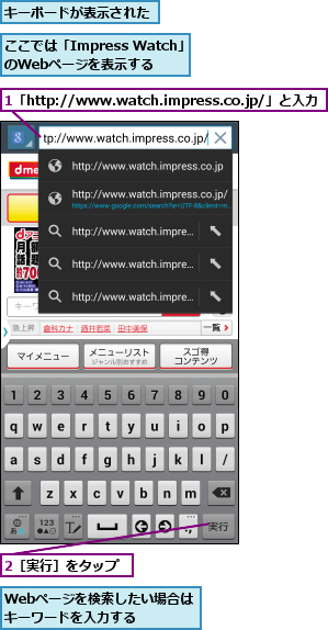 1「http://www.watch.impress.co.jp/」と入力,2［実行］をタップ,Webページを検索したい場合はキーワードを入力する  ,ここでは「Impress Watch」のWebページを表示する,キーボードが表示された