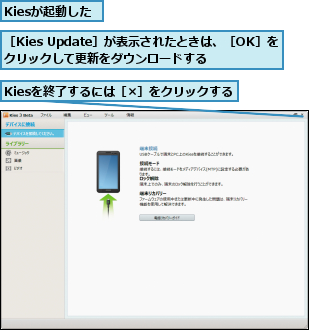 Kiesが起動した,Kiesを終了するには［×］をクリックする,［Kies Update］が表示されたときは、［OK］をクリックして更新をダウンロードする