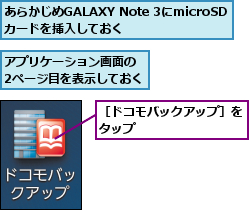 あらかじめGALAXY Note 3にmicroSDカードを挿入しておく,アプリケーション画面の 2ページ目を表示しておく,［ドコモバックアップ］をタップ        