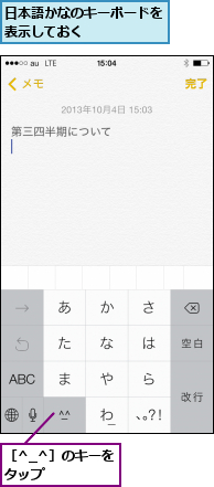 日本語かなのキーボードを表示しておく     ,［^_^］のキーをタップ     