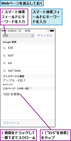 1 スマート検索フィールドにキ ーワードを入力   ,2 画面をドラッグして一番下までスクロール,3［"iOS"を検索］をタップ     ,Webページを表示しておく,スマート検索フィールドにキーワードを入力   