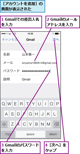 1 Gmailでの差出人名を入力    ,2 Gmailのメールアドレスを入力,3 Gmailのパスワードを入力   ,4［次へ］をタップ  ,［アカウントを追加］の画面が表示された  
