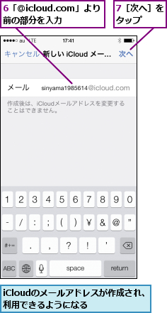 6「@icloud.com」より前の部分を入力,7［次へ］をタップ  ,iCloudのメールアドレスが作成され、利用できるようになる    