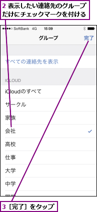 2 表示したい連絡先のグループだけにチェックマークを付ける,3［完了］をタップ  