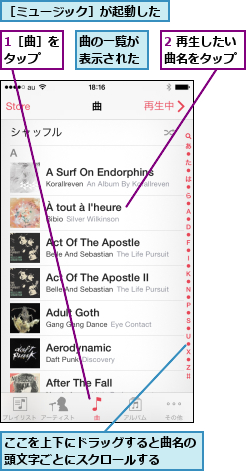 1［曲］をタップ  ,2 再生したい曲名をタップ,ここを上下にドラッグすると曲名の頭文字ごとにスクロールする  ,曲の一覧が表示された,［ミュージック］が起動した