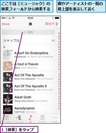 1［検索］をタップ,ここでは［ミュージック］の検索フィールドから検索する,曲やアーティストの一覧の最上部を表示しておく  