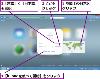 1［言語］で［日本語］を選択        ,2 ここをクリック,3 地図上の日本をクリック    ,4［iCloudを使って開始］をクリック