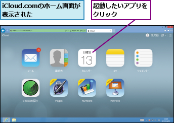 iCloud.comのホーム画面が表示された    ,起動したいアプリをクリック    