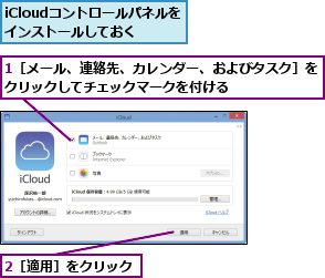 1［メール、連絡先、カレンダー、およびタスク］をクリックしてチェックマークを付ける      ,2［適用］をクリック,iCloudコントロールパネルを　　インストールしておく      